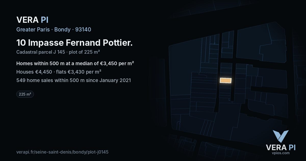 10 Impasse Fernand Pottier, Bondy at night – the plot lit, the parcels around coloured by the prices near them