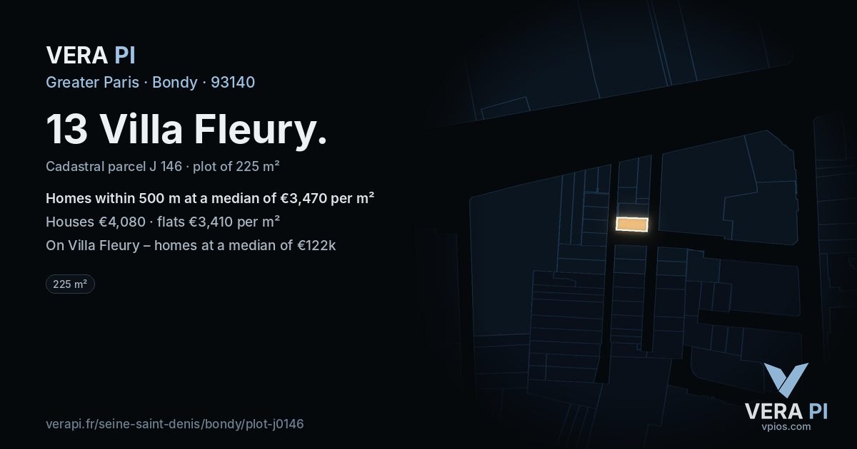 13 Villa Fleury, Bondy at night – the plot lit, the parcels around coloured by the prices near them