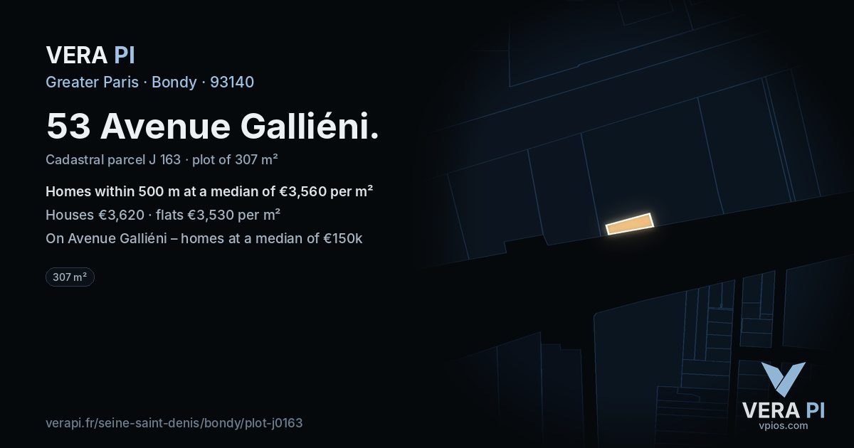 53 Avenue Galliéni, Bondy at night – the plot lit, the parcels around coloured by the prices near them