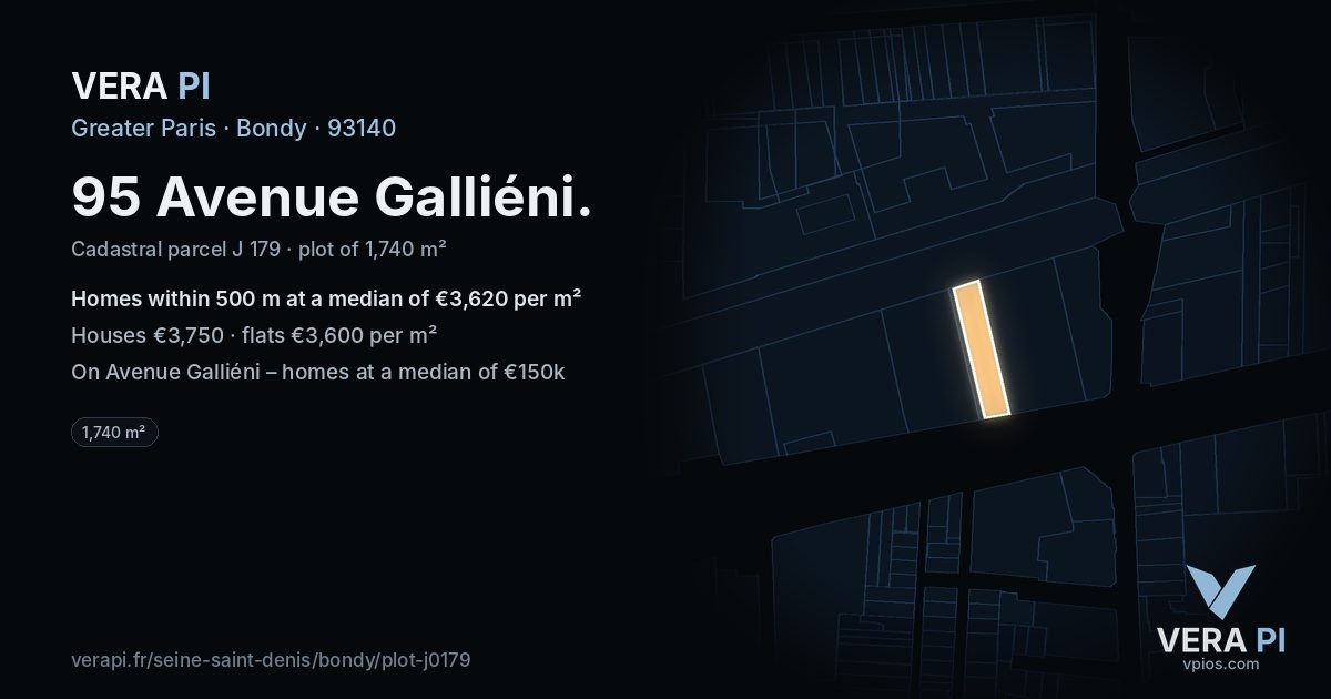 95 Avenue Galliéni, Bondy at night – the plot lit, the parcels around coloured by the prices near them