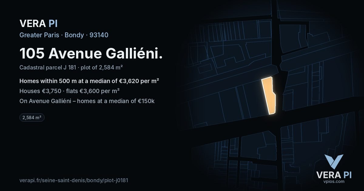105 Avenue Galliéni, Bondy at night – the plot lit, the parcels around coloured by the prices near them