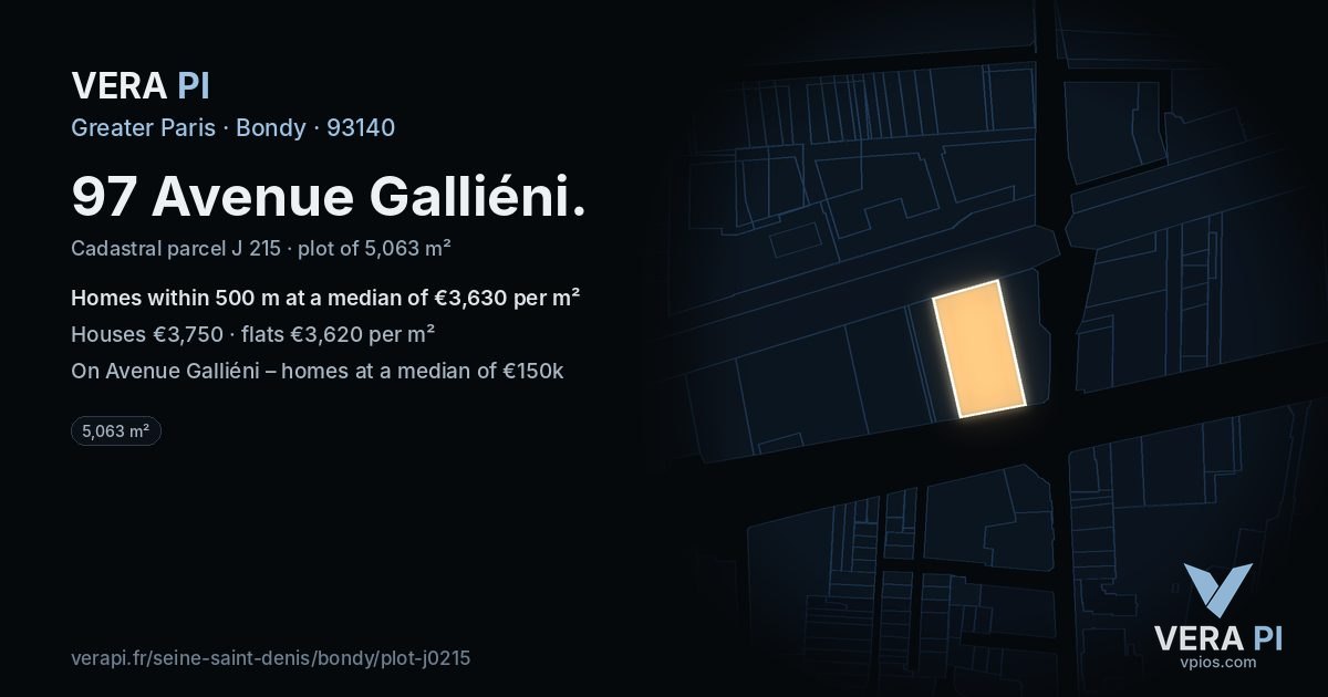 97 Avenue Galliéni, Bondy at night – the plot lit, the parcels around coloured by the prices near them