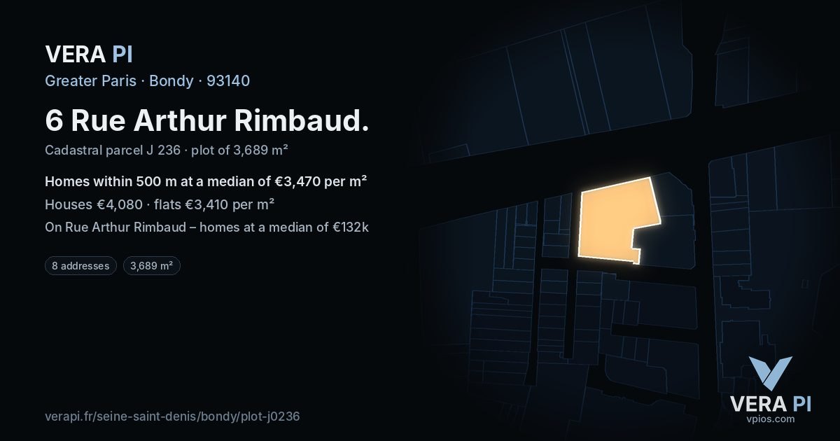 6 Rue Arthur Rimbaud, Bondy at night – the plot lit, the parcels around coloured by the prices near them