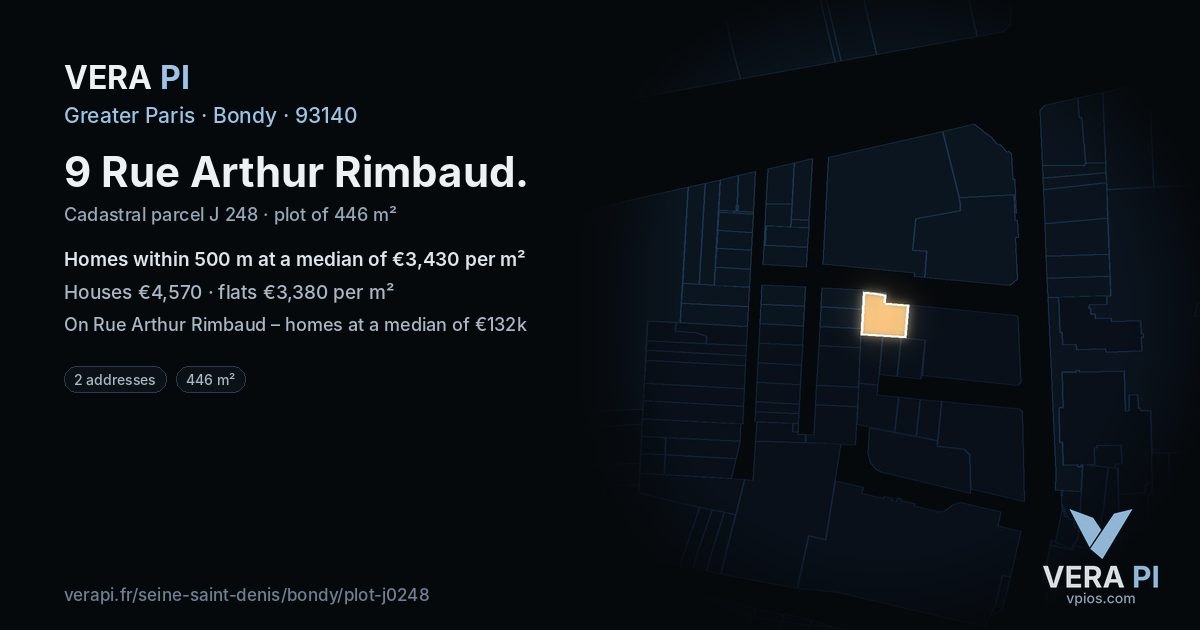 9 Rue Arthur Rimbaud, Bondy at night – the plot lit, the parcels around coloured by the prices near them