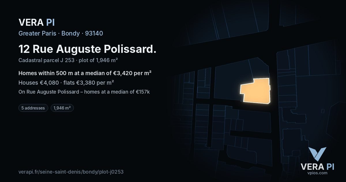 12 Rue Auguste Polissard, Bondy at night – the plot lit, the parcels around coloured by the prices near them
