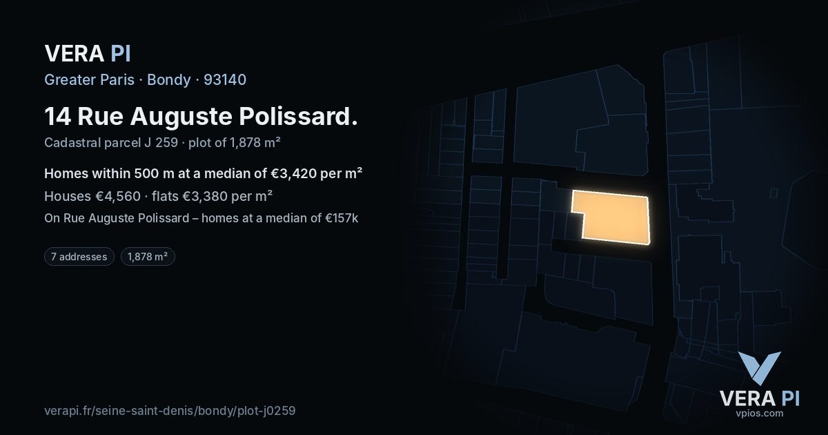 14 Rue Auguste Polissard, Bondy at night – the plot lit, the parcels around coloured by the prices near them
