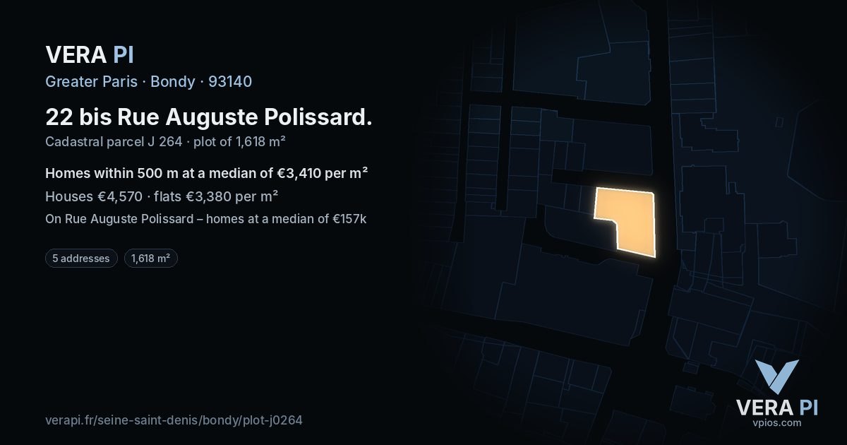 22 bis Rue Auguste Polissard, Bondy at night – the plot lit, the parcels around coloured by the prices near them