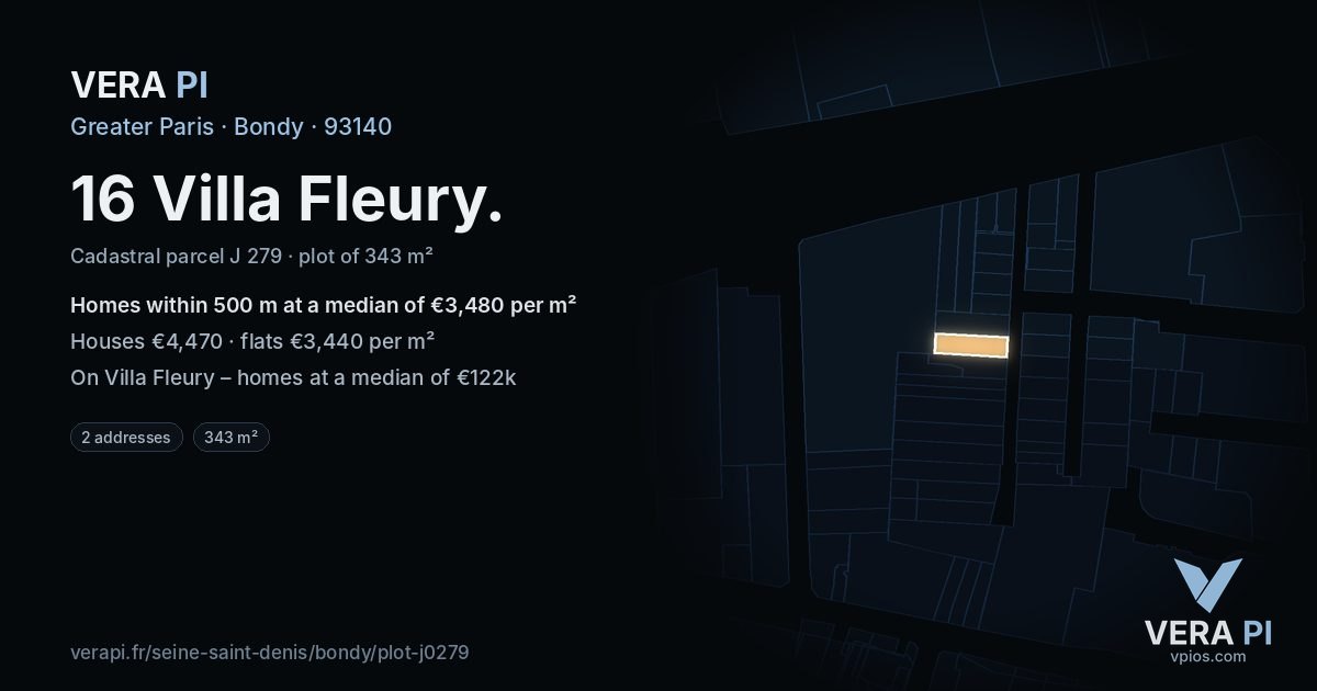 16 Villa Fleury, Bondy at night – the plot lit, the parcels around coloured by the prices near them