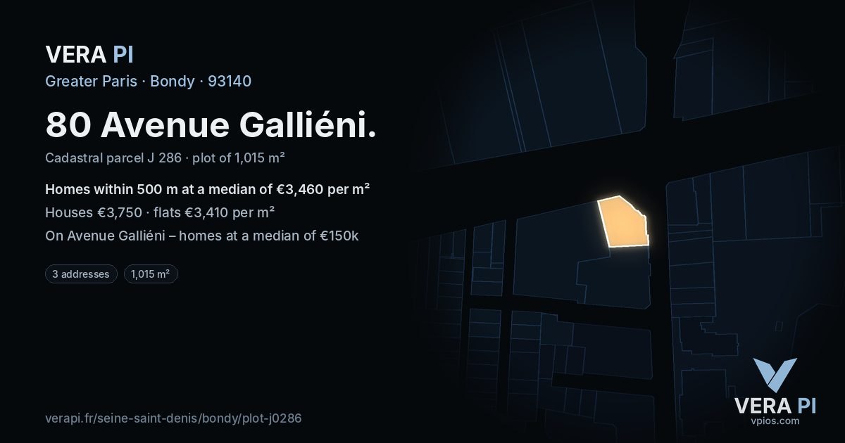80 Avenue Galliéni, Bondy at night – the plot lit, the parcels around coloured by the prices near them