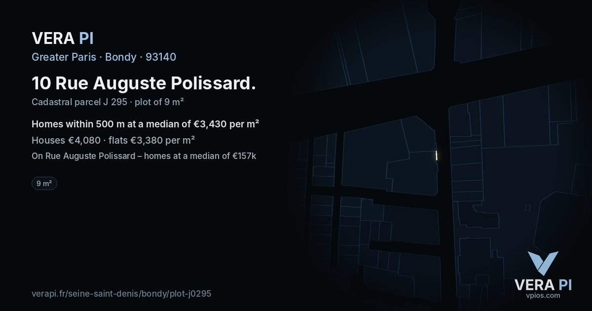 10 Rue Auguste Polissard, Bondy at night – the plot lit, the parcels around coloured by the prices near them