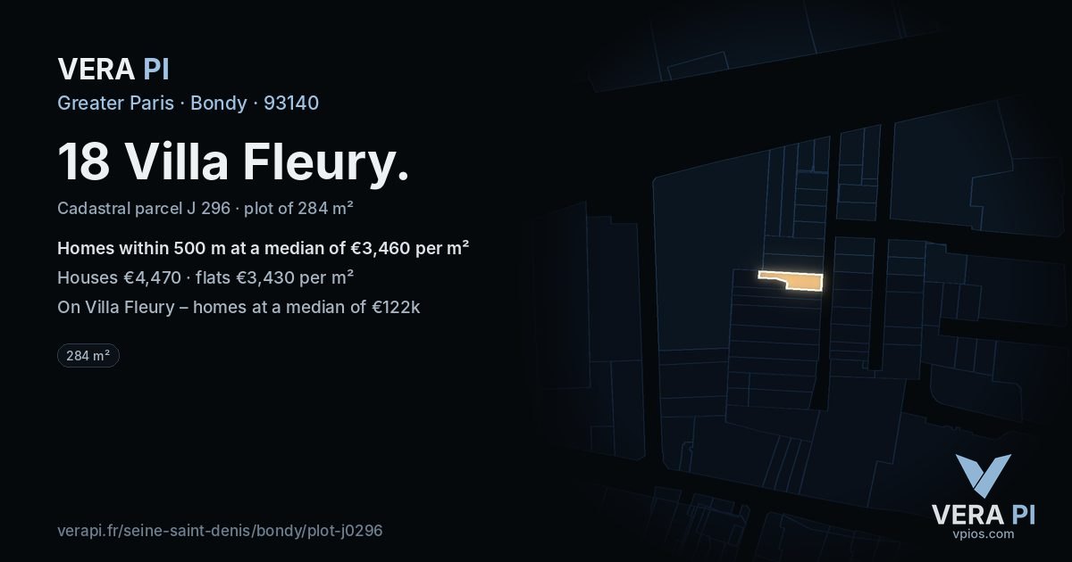 18 Villa Fleury, Bondy at night – the plot lit, the parcels around coloured by the prices near them
