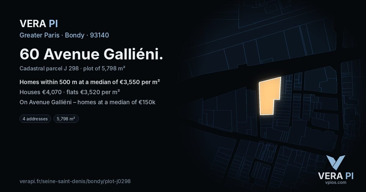 60 Avenue Galliéni, Bondy at night – the plot lit, the parcels around coloured by the prices near them