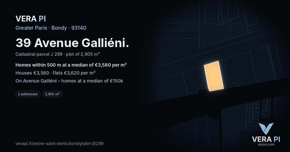 39 Avenue Galliéni, Bondy at night – the plot lit, the parcels around coloured by the prices near them