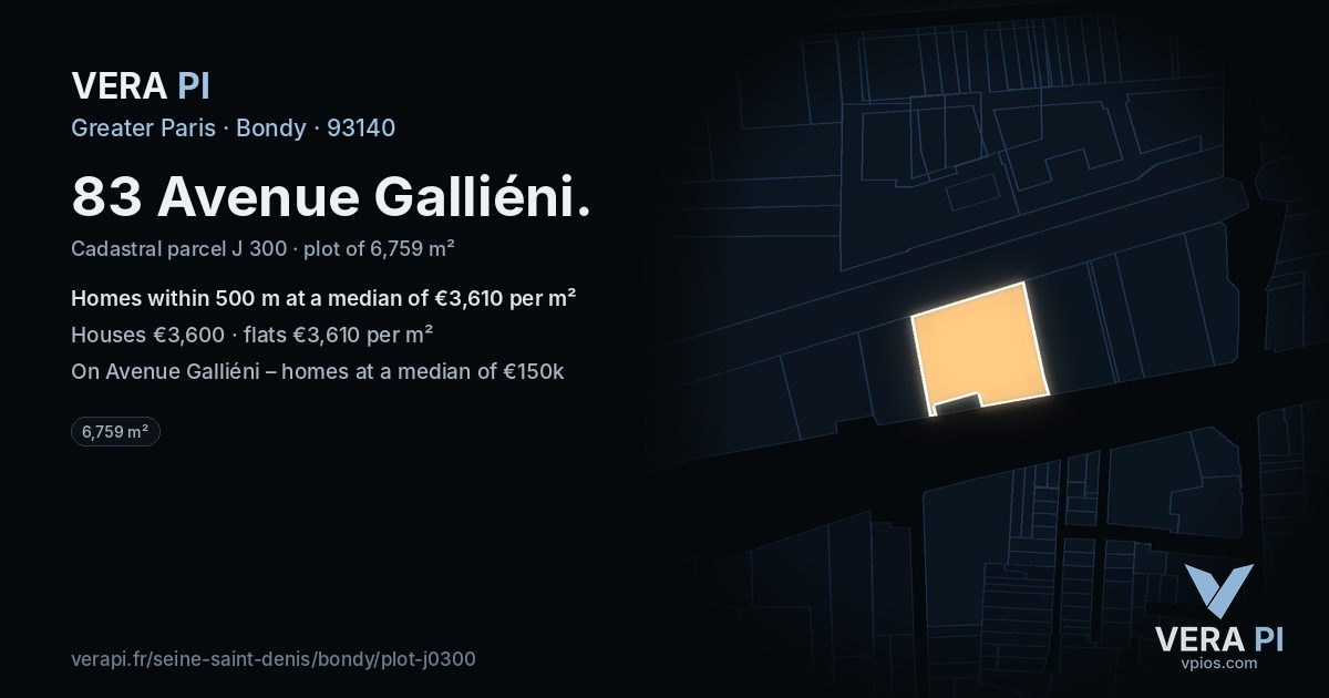 83 Avenue Galliéni, Bondy at night – the plot lit, the parcels around coloured by the prices near them
