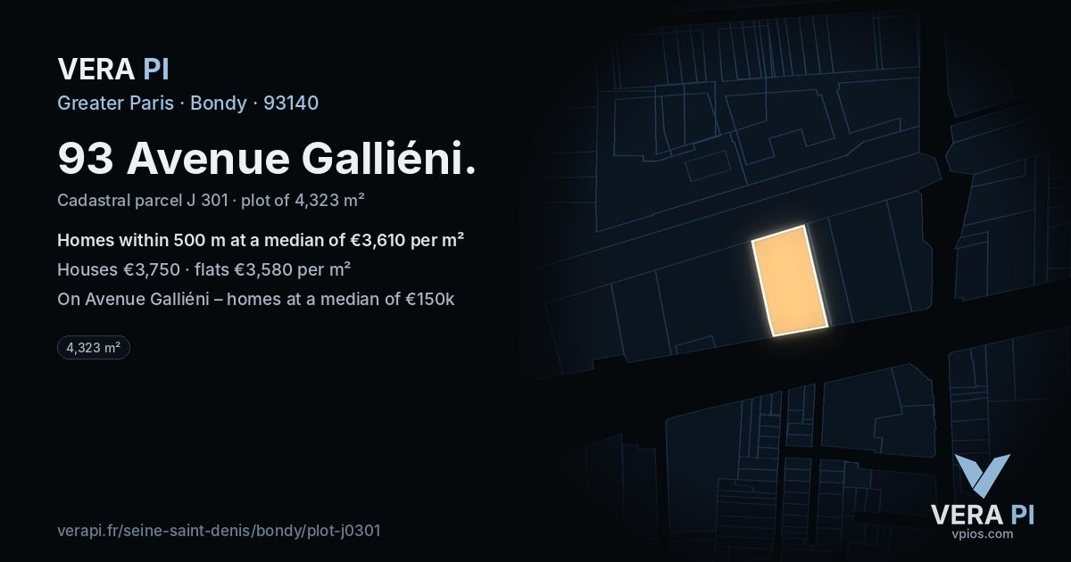93 Avenue Galliéni, Bondy at night – the plot lit, the parcels around coloured by the prices near them