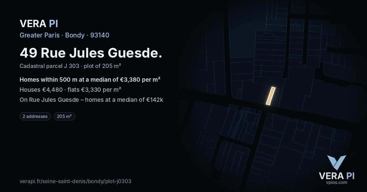 49 Rue Jules Guesde, Bondy at night – the plot lit, the parcels around coloured by the prices near them