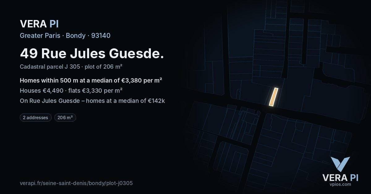 49 Rue Jules Guesde, Bondy at night – the plot lit, the parcels around coloured by the prices near them