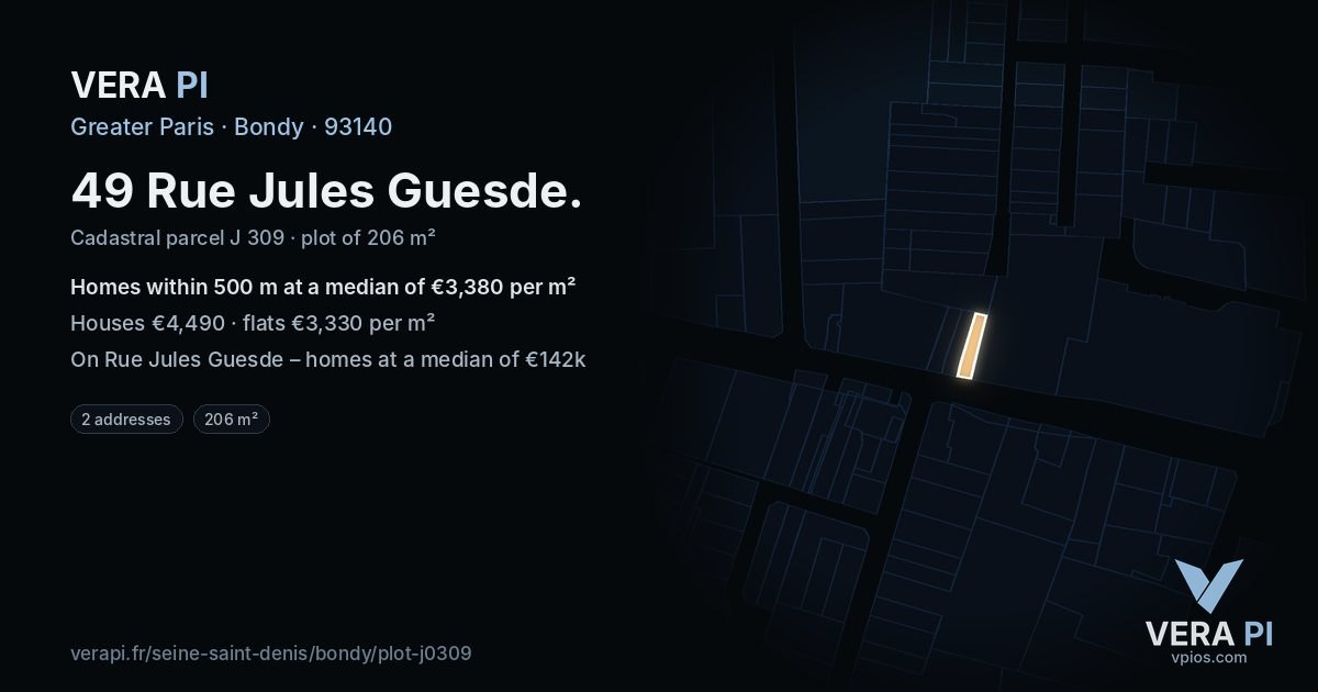 49 Rue Jules Guesde, Bondy at night – the plot lit, the parcels around coloured by the prices near them