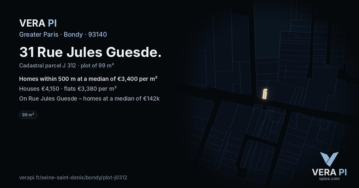 31 Rue Jules Guesde, Bondy at night – the plot lit, the parcels around coloured by the prices near them