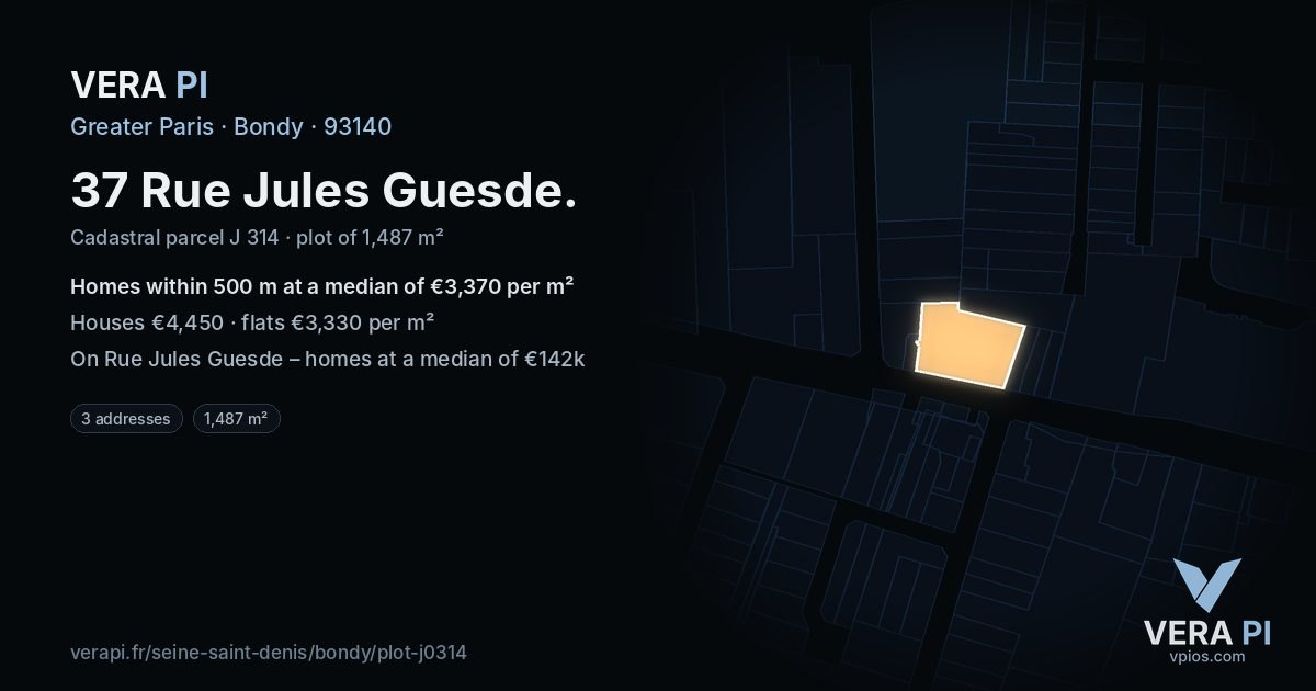 37 Rue Jules Guesde, Bondy at night – the plot lit, the parcels around coloured by the prices near them