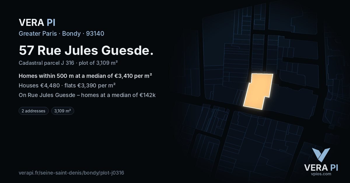 57 Rue Jules Guesde, Bondy at night – the plot lit, the parcels around coloured by the prices near them