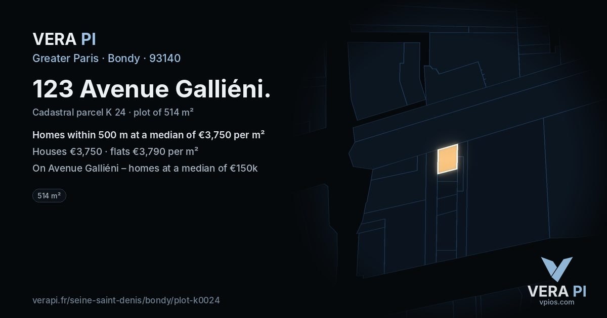 123 Avenue Galliéni, Bondy at night – the plot lit, the parcels around coloured by the prices near them
