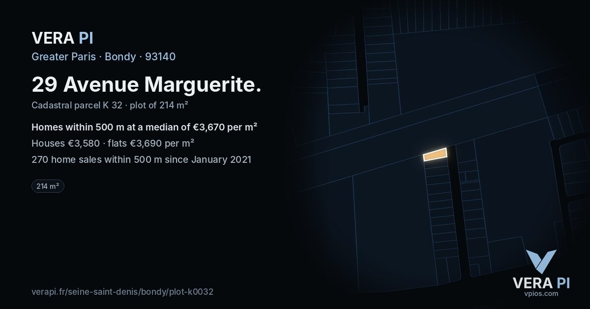 29 Avenue Marguerite, Bondy at night – the plot lit, the parcels around coloured by the prices near them