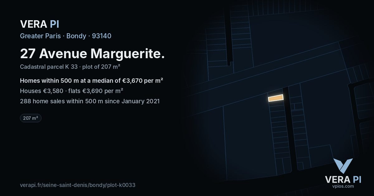 27 Avenue Marguerite, Bondy at night – the plot lit, the parcels around coloured by the prices near them