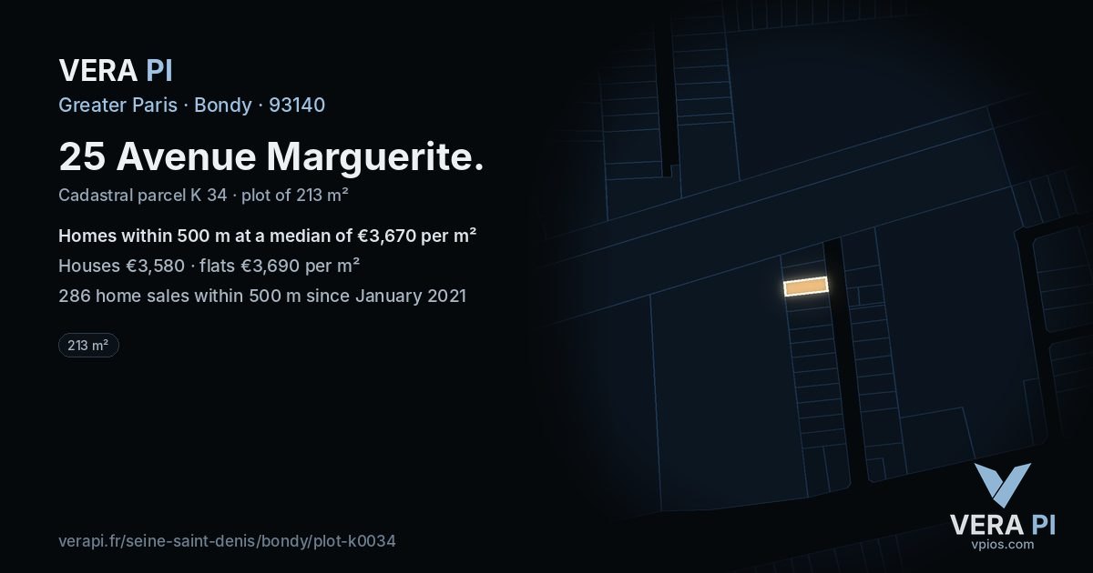 25 Avenue Marguerite, Bondy at night – the plot lit, the parcels around coloured by the prices near them