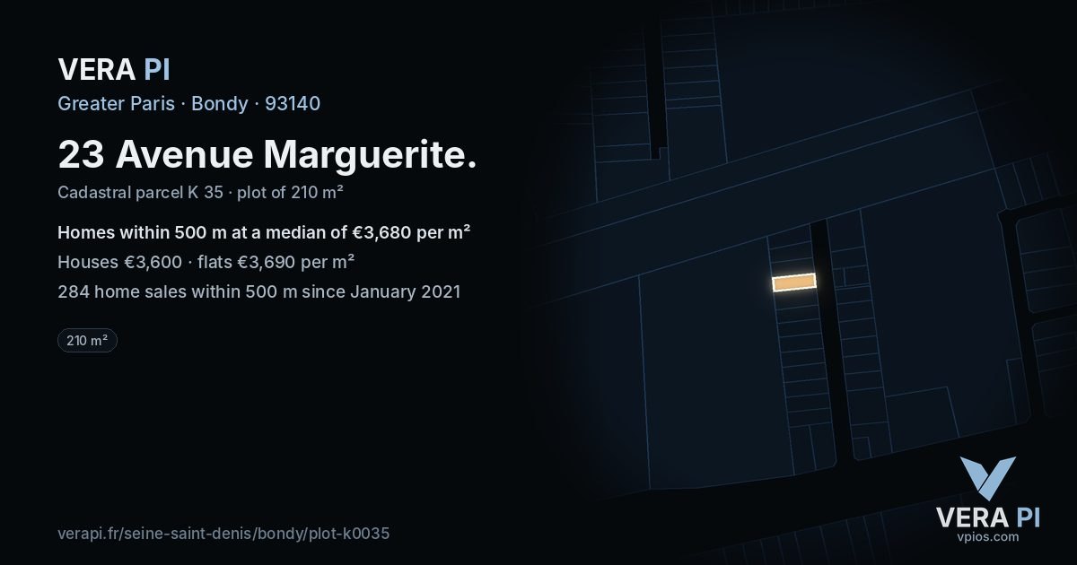 23 Avenue Marguerite, Bondy at night – the plot lit, the parcels around coloured by the prices near them