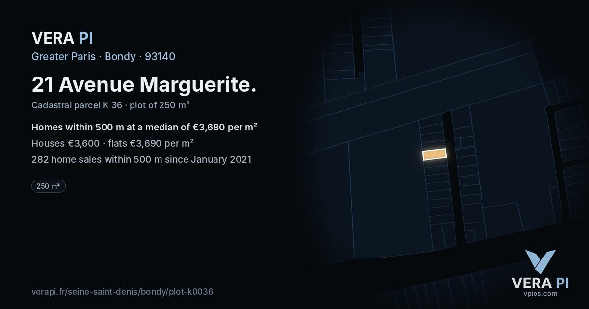 21 Avenue Marguerite, Bondy at night – the plot lit, the parcels around coloured by the prices near them