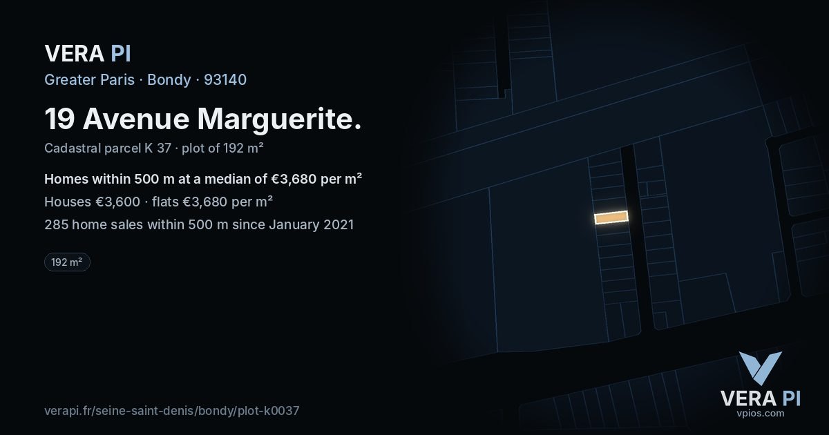 19 Avenue Marguerite, Bondy at night – the plot lit, the parcels around coloured by the prices near them