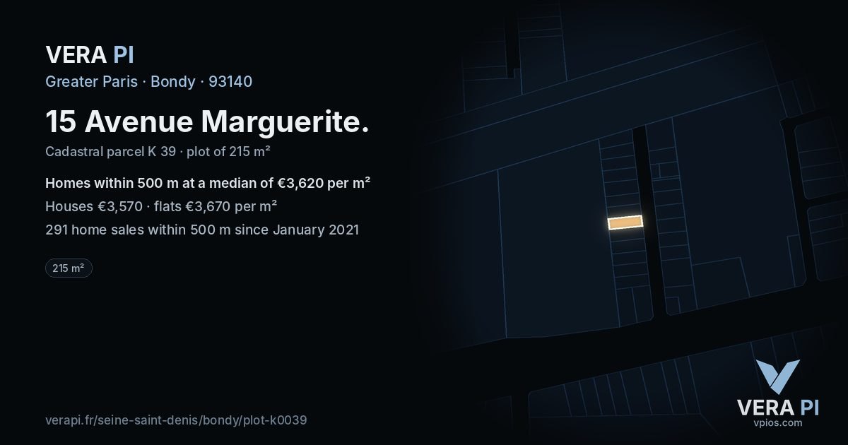 15 Avenue Marguerite, Bondy at night – the plot lit, the parcels around coloured by the prices near them