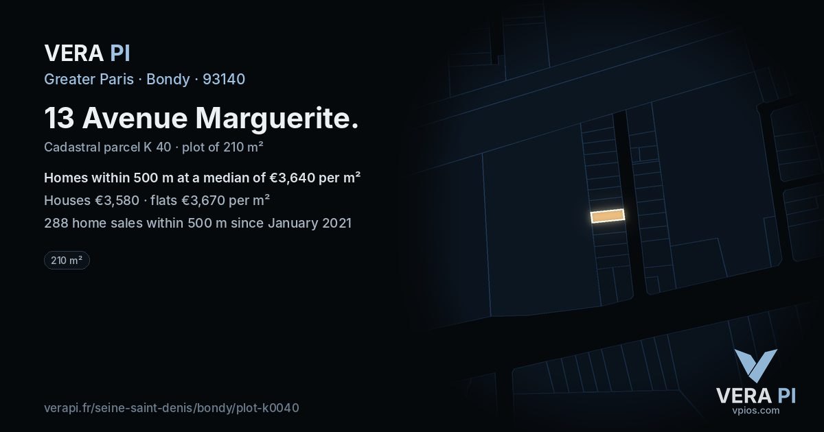 13 Avenue Marguerite, Bondy at night – the plot lit, the parcels around coloured by the prices near them