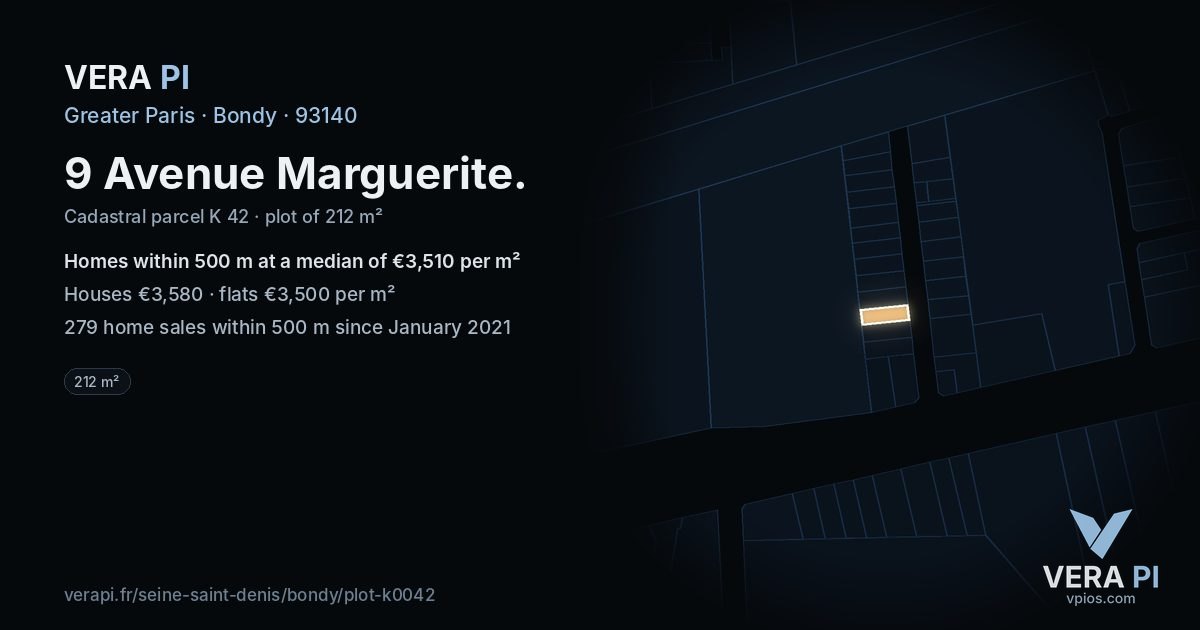 9 Avenue Marguerite, Bondy at night – the plot lit, the parcels around coloured by the prices near them