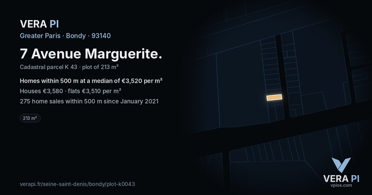 7 Avenue Marguerite, Bondy at night – the plot lit, the parcels around coloured by the prices near them
