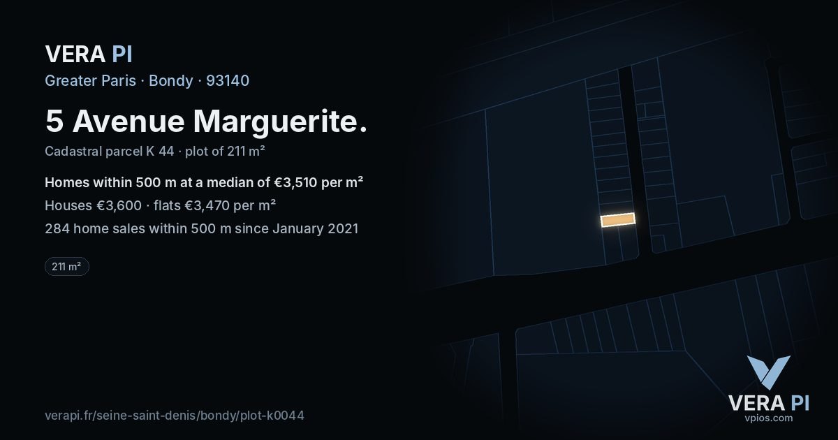 5 Avenue Marguerite, Bondy at night – the plot lit, the parcels around coloured by the prices near them