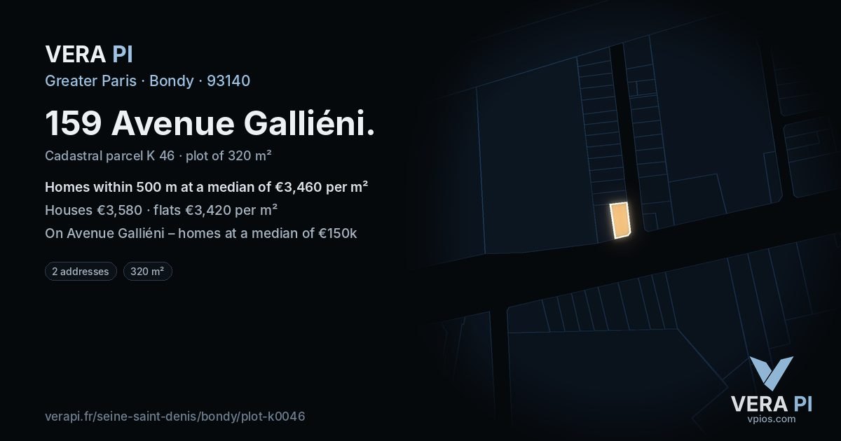 159 Avenue Galliéni, Bondy at night – the plot lit, the parcels around coloured by the prices near them