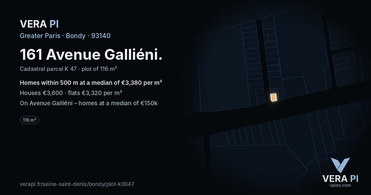 161 Avenue Galliéni, Bondy at night – the plot lit, the parcels around coloured by the prices near them