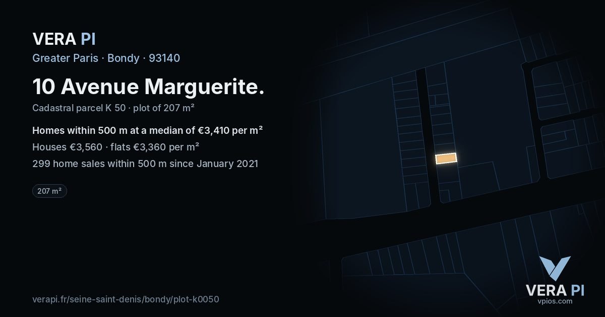 10 Avenue Marguerite, Bondy at night – the plot lit, the parcels around coloured by the prices near them