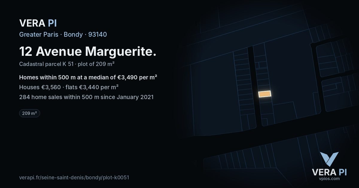 12 Avenue Marguerite, Bondy at night – the plot lit, the parcels around coloured by the prices near them