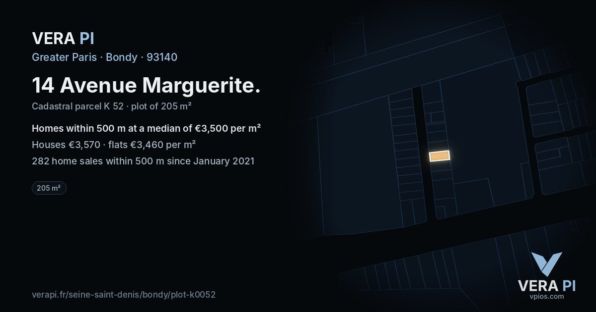 14 Avenue Marguerite, Bondy at night – the plot lit, the parcels around coloured by the prices near them
