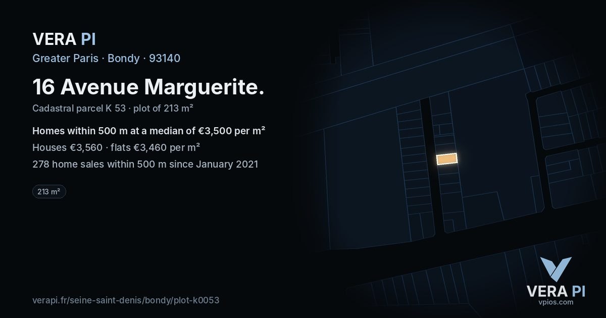 16 Avenue Marguerite, Bondy at night – the plot lit, the parcels around coloured by the prices near them