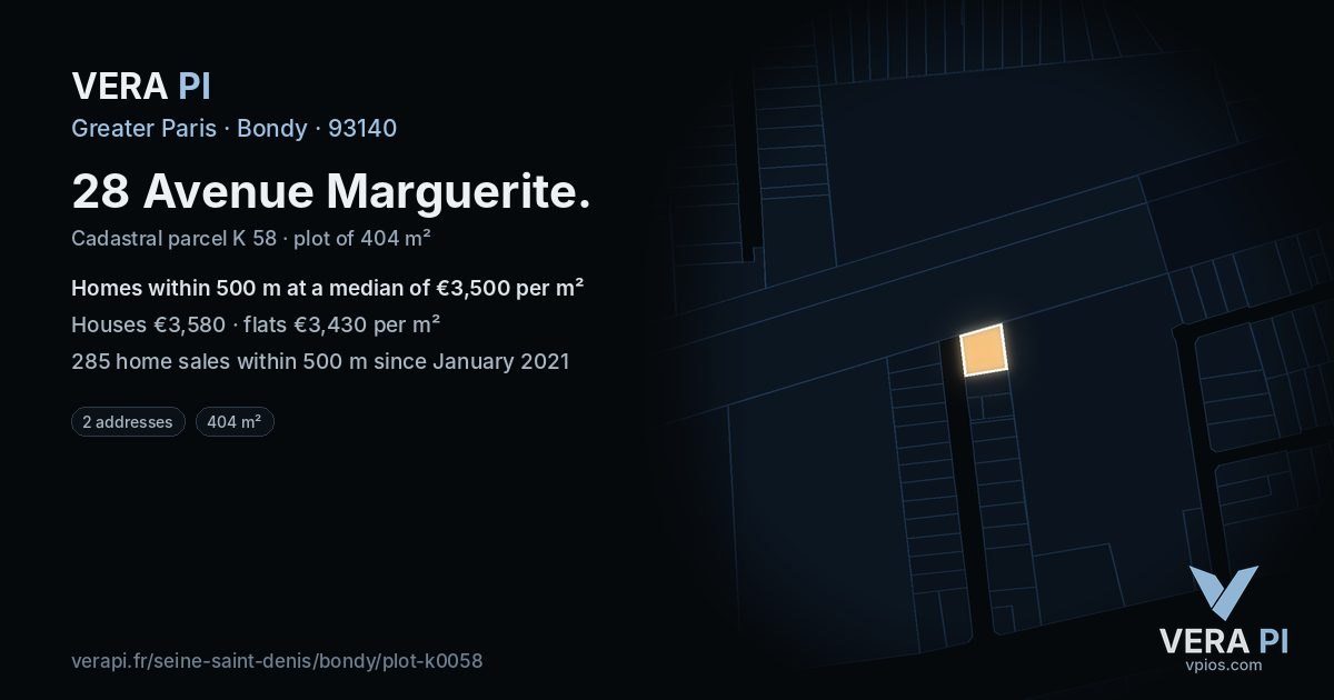 28 Avenue Marguerite, Bondy at night – the plot lit, the parcels around coloured by the prices near them