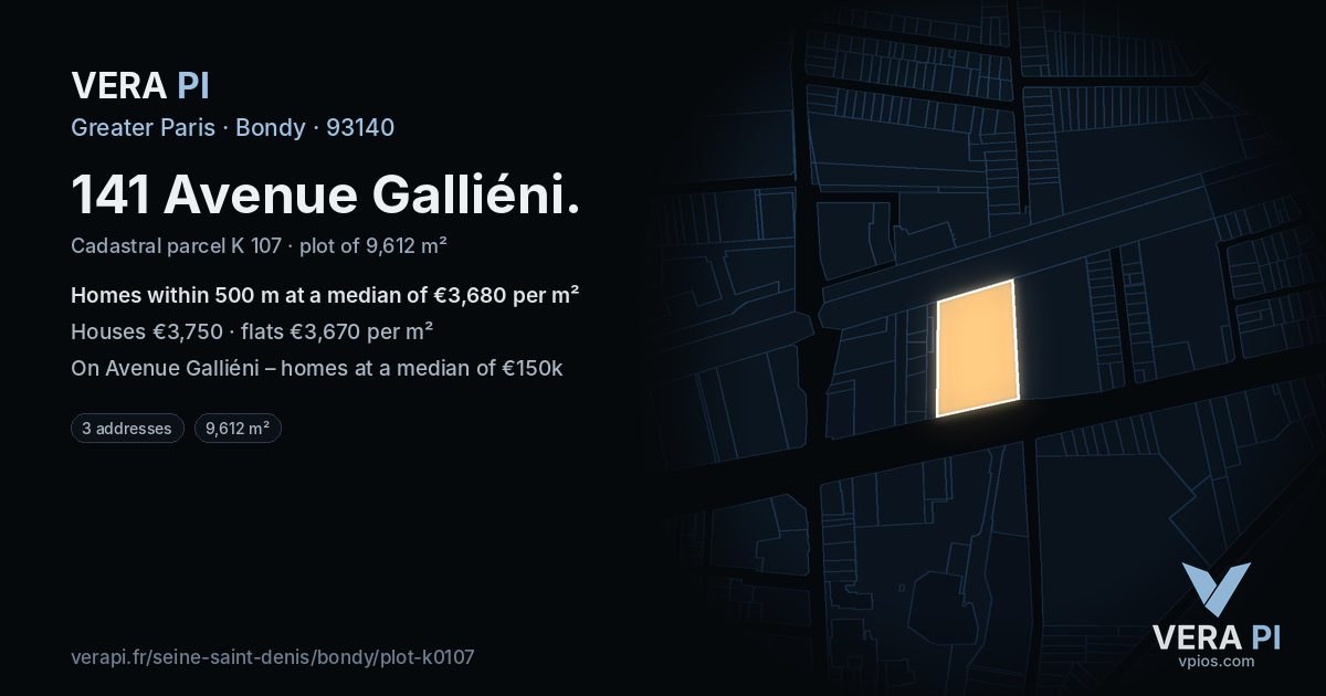 141 Avenue Galliéni, Bondy at night – the plot lit, the parcels around coloured by the prices near them
