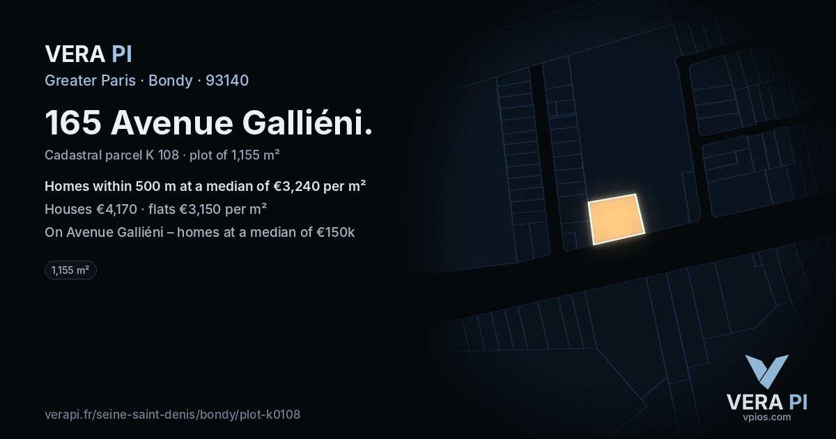 165 Avenue Galliéni, Bondy at night – the plot lit, the parcels around coloured by the prices near them