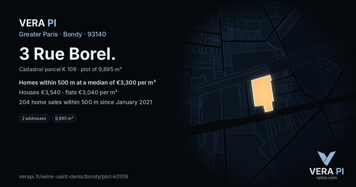 3 Rue Borel, Bondy at night – the plot lit, the parcels around coloured by the prices near them