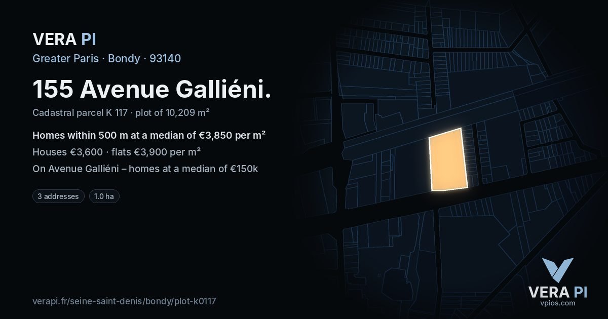 155 Avenue Galliéni, Bondy at night – the plot lit, the parcels around coloured by the prices near them