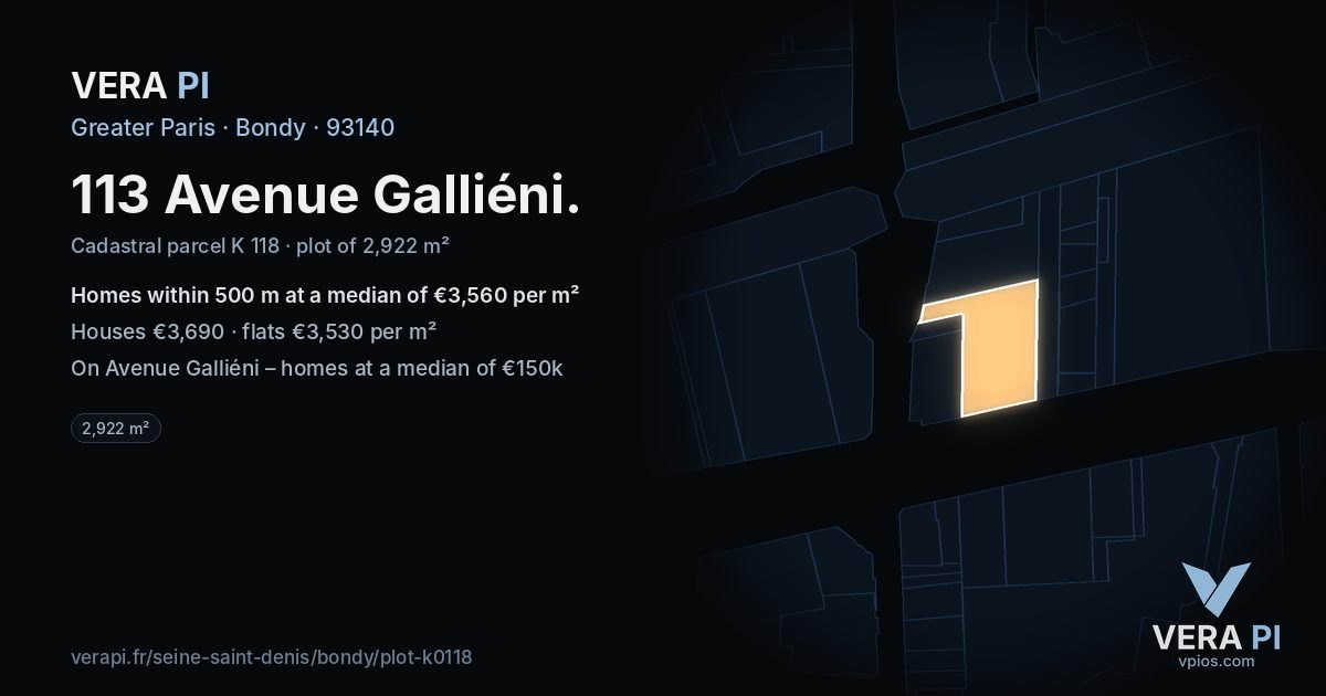 113 Avenue Galliéni, Bondy at night – the plot lit, the parcels around coloured by the prices near them