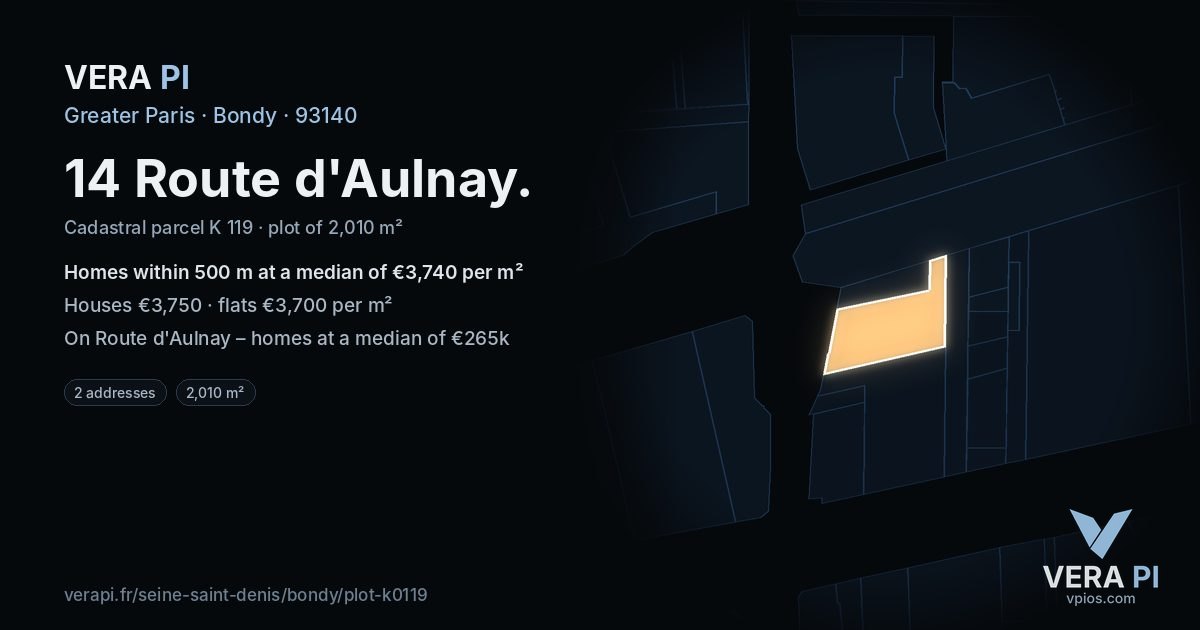14 Route d'Aulnay, Bondy at night – the plot lit, the parcels around coloured by the prices near them